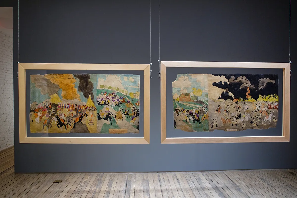 2020年にニューヨークのAndrew Edlin Gallery（アンドリュー・エドリン・ギャラリー）で開催された個展「The Double-Sided Dominions of Henry Darger（二つの側面を持つヘンリー・ダーガーの領土）」の展示風景　Photo Olya Vysotskaya