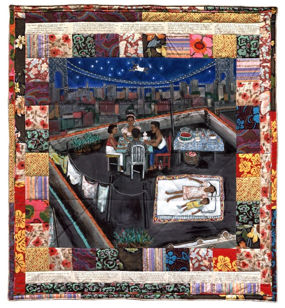 フェイス・リンゴールド《Woman on a Bridge #1 of 5: Tar Beach（橋の上の女1/5：タール・ビーチ）》（1988）　Photo: ©Faith Ringgold/ARS, New York, and DACS, London/Courtesy ACA Galleries, New York/Guggenheim Museum