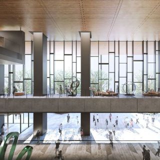 新TODAビル1、2階の完成予想図。ビルの公共空間をアートが彩る。中央通りに面した広場と一体となる1階のエントランスロビーにも、2階の回廊（コリドー）にも、アート作品が置かれる。パースは戸田建設提供（以下同）