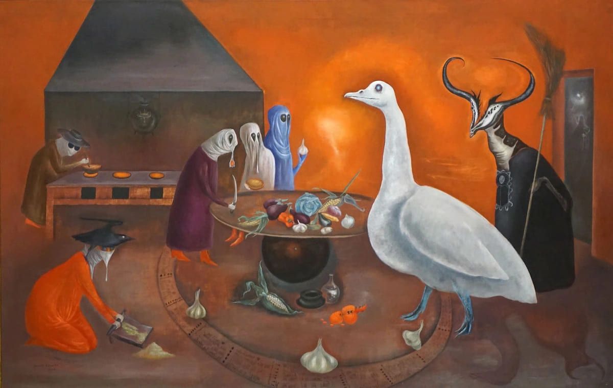 レオノーラ・キャリントン《Grandmother Moorhead’s Aromatic Kitchen（ムーアヘッドおばあさんのキッチンは良い香り）》（1975）　©Leonora Carrington, by SIAE 2022/Charles B. Goddard Center for Visual Performing Arts, Ardmore, Oklahoma