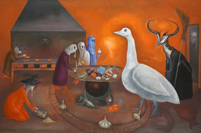 レオノーラ・キャリントン《Grandmother Moorhead’s Aromatic Kitchen（ムーアヘッドおばあさんのキッチンは良い香り）》（1975）　©Leonora Carrington, by SIAE 2022/Charles B. Goddard Center for Visual Performing Arts, Ardmore, Oklahoma