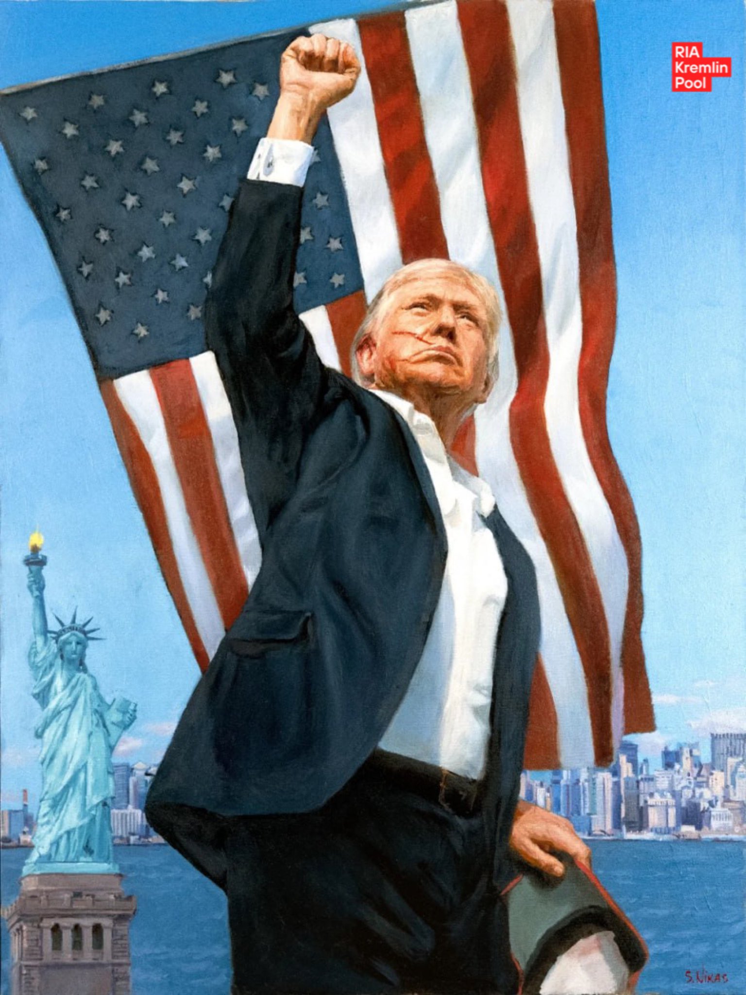 プーチンが贈ったトランプの肖像画。Photo: via X @Kremlinpool_RIA