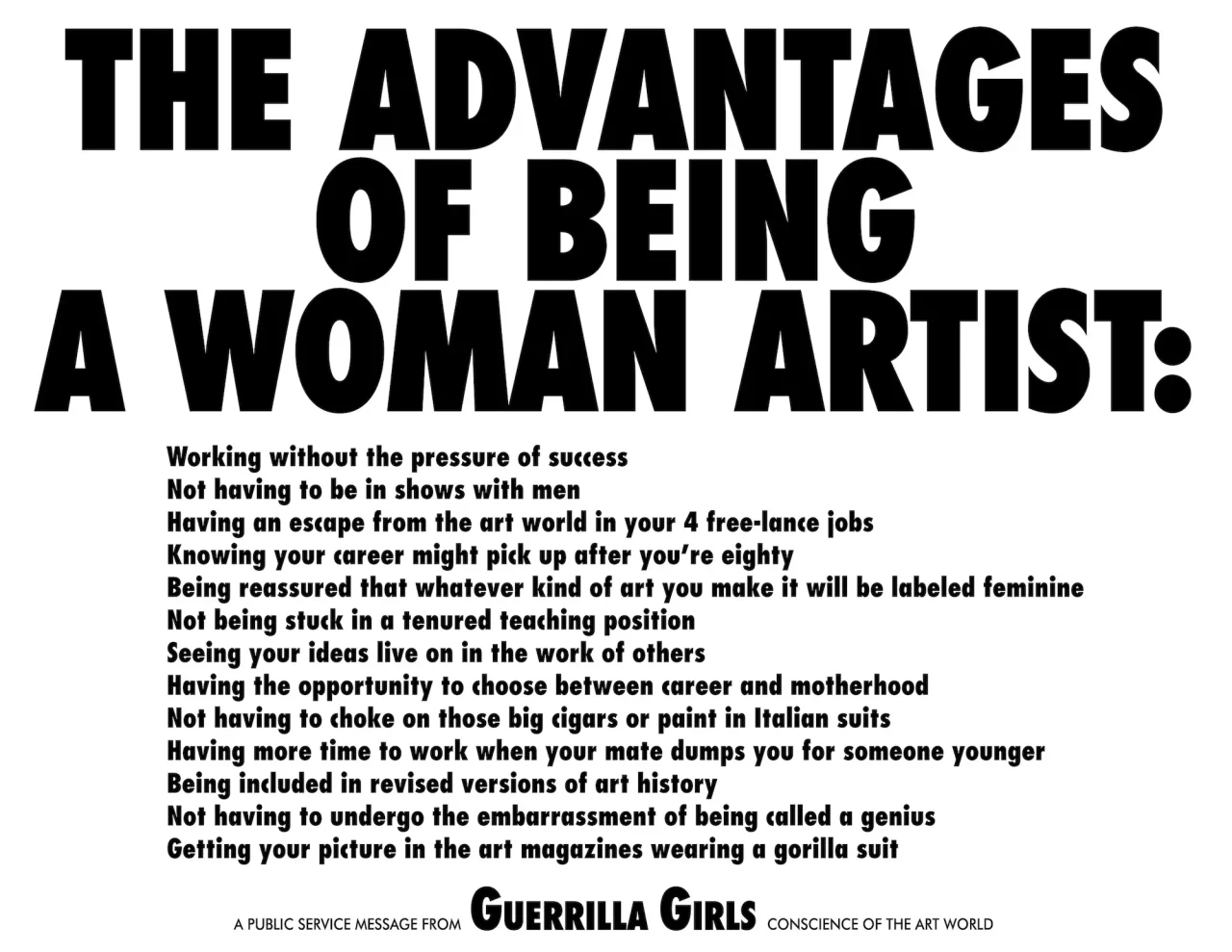 ゲリラ・ガールズ《The Advantages of Being a Woman Artist》(1988) Photo: Copyright ©Guerrilla Girls. Courtesy guerrillagirls.com