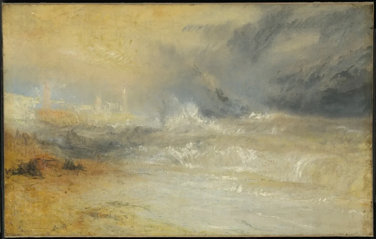 J.M.W.ターナー《Waves Breaking on a Lee Shore at Margate (Study for “Rockets and Blue Lights”)》(1840) Photo: Tate, London