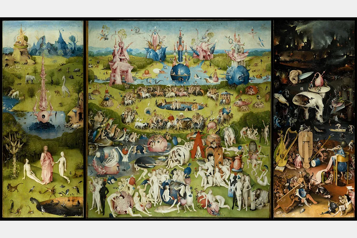 ヒエロニムス・ボス《快楽の園》の扉を開いたところ。(1490-1500年頃) Photo: Collection of the Prado Museum, Madrid. Digital image: Wikimedia Commons.