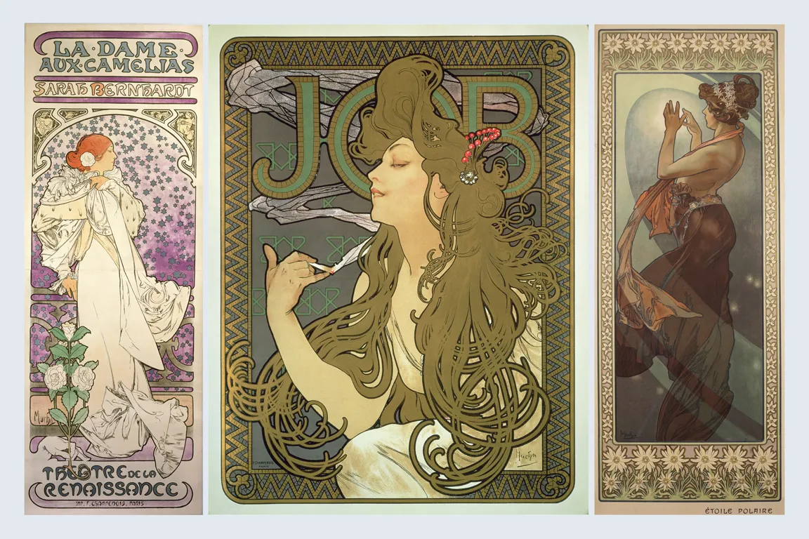 アルフォンス・ミュシャの作品。左から右へ《La Dame aux Camélias》（1896）、《JOB》（1896）、《The Moon and the Stars: Pole Star》（1902）。Photo: ©Mucha Trust.