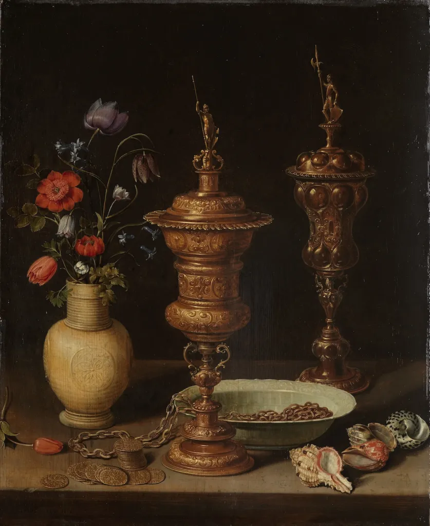 クララ・ペーテルス《花、金箔のゴブレット、コイン、貝殻のある静物》(1612) Photo: Collection of the Staatliche Kunsthalle Karlsruhe, Germany. Digital image: Wikimedia Commons