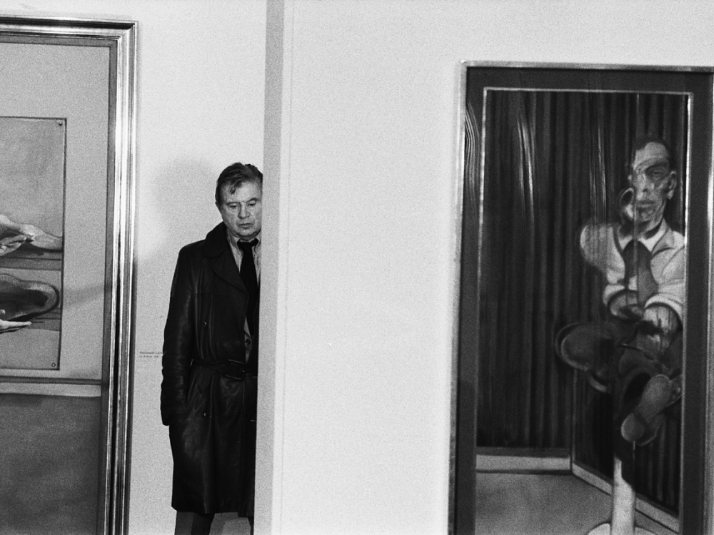 Francis Bacon standing next to his Portrait of a Dwarf. Photo: Courtesy Sotheby's