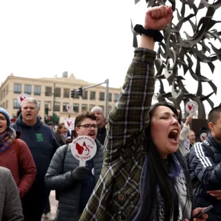 Boston University graduate worker students strike for fair pay, better healthcare coverage, and stronger benefits, 2024. Photo Jessica Rinaldi/The Boston Globe via Getty Images
