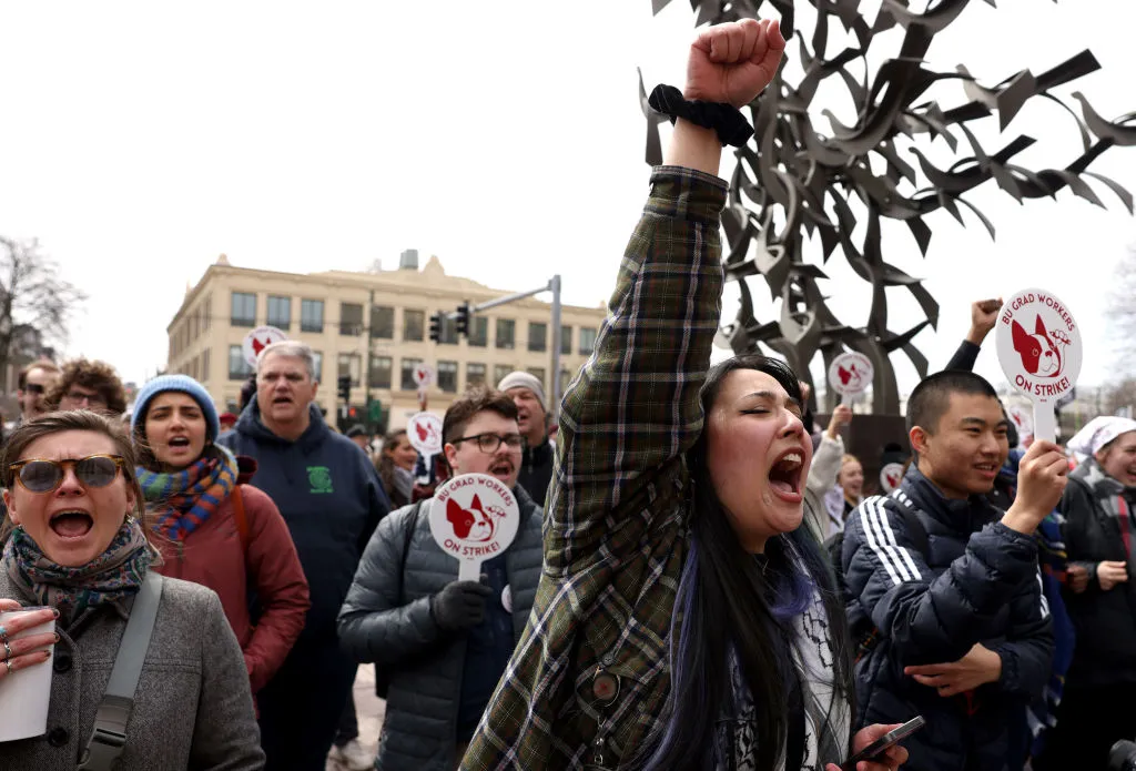 Boston University graduate worker students strike for fair pay, better healthcare coverage, and stronger benefits, 2024.
Photo Jessica Rinaldi/The Boston Globe via Getty Images