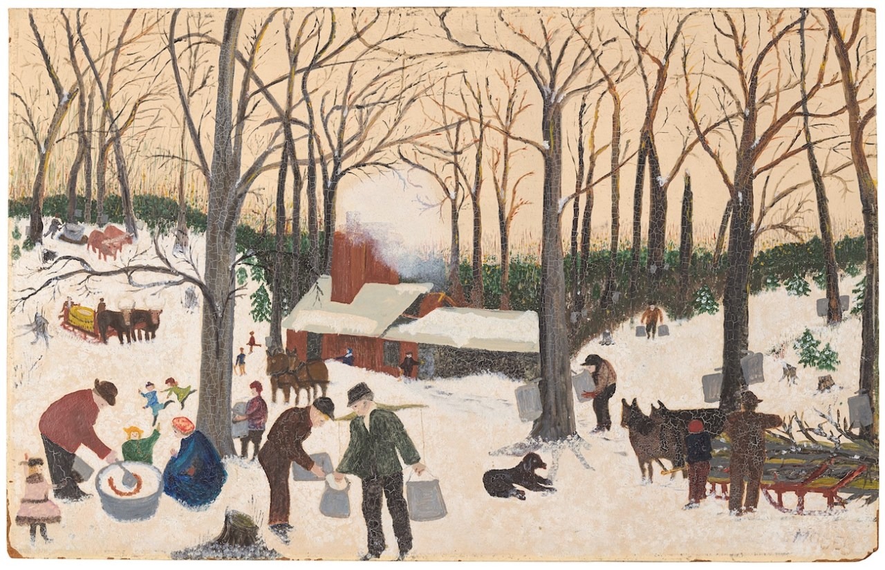 グランマ・モーゼス《Bringing in the Maple Sugar》（1940年またはそれ以前）　Photo: Smithsonian American Art Museum. Artwork copyright © Grandma Moses Properties Co., NY