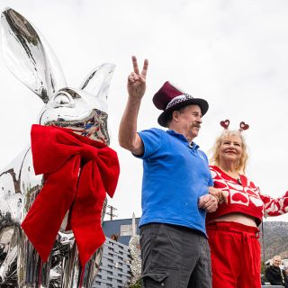 Altadena, CA - February 20:Steve Lubanski and Candace Frazee unveil Scanner, a giant bunny sculpture by Chinese artist Jesse Zhao and donated by Wesley Zucco at what will be the outside of The Bunny Museum in Altadena on Friday, February 20, 2026. The couple are planning on rebuilding the museum which was destroyed in the Eaton fire. (Photo by Sarah Reingewirtz/MediaNews Group/Los Angeles Daily News via Getty Images)