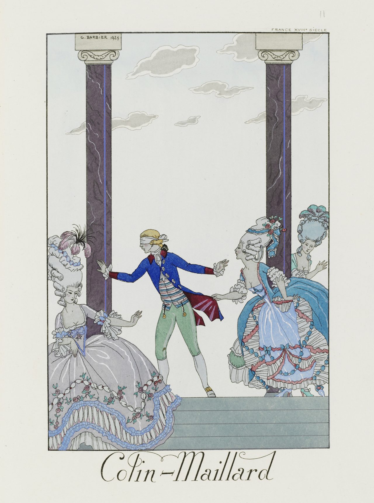 《目隠し鬼》（流行年鑑『襞かざりと縁かざり』より）ジョルジュ・バルビエ（画）　1924年（1925年刊行/メニアル、パリ）　ポショワール（ステンシル）による手彩色の挿絵本　冊子：26.5 × 18.0 × 3.0 cm ヴィクトリア＆アルバート博物館蔵 © Victoria and Albert Museum, London/George Barbier