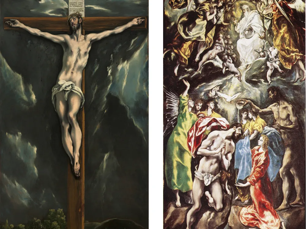 エル・グレコ《十字架のキリスト》（1600-1610頃、写真左）と《キリストの洗礼》（1608-1614頃、写真右） Photo: Courtesy of Cleveland Museum of Art and Wikimedia Commons