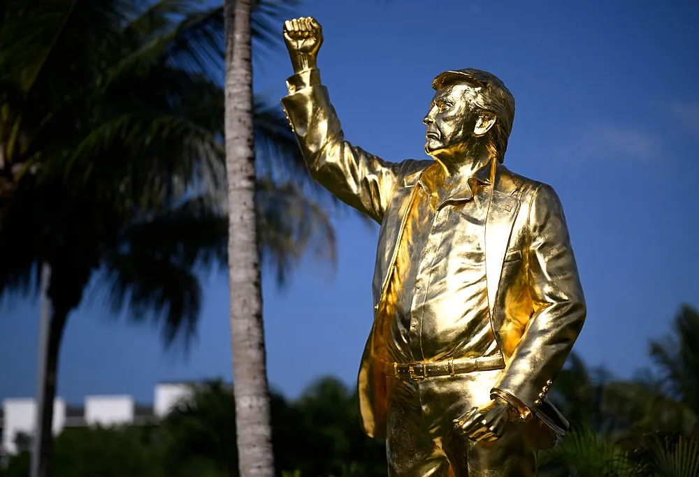 DORAL, FLORIDA - APRIL 30: A statue of President Donald Trump is seen near the ninth tee during the first round of the Cadillac Championship 2026 at Trump National Doral Miami on April 30, 2026 in Doral, Florida. Photo by Orlando Ramirez/Getty Images