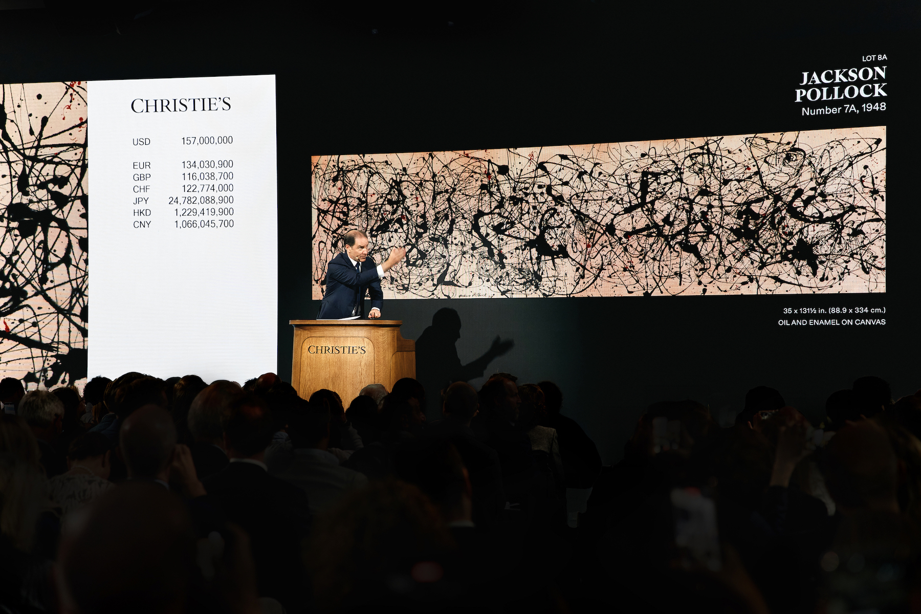 Auctioneer Adrien Meyer sells Jackson Pollock's Number 7A, 1948 the top lot of Masterpieces: The Private Collection of S.I. Newhouse, for $181.2 million