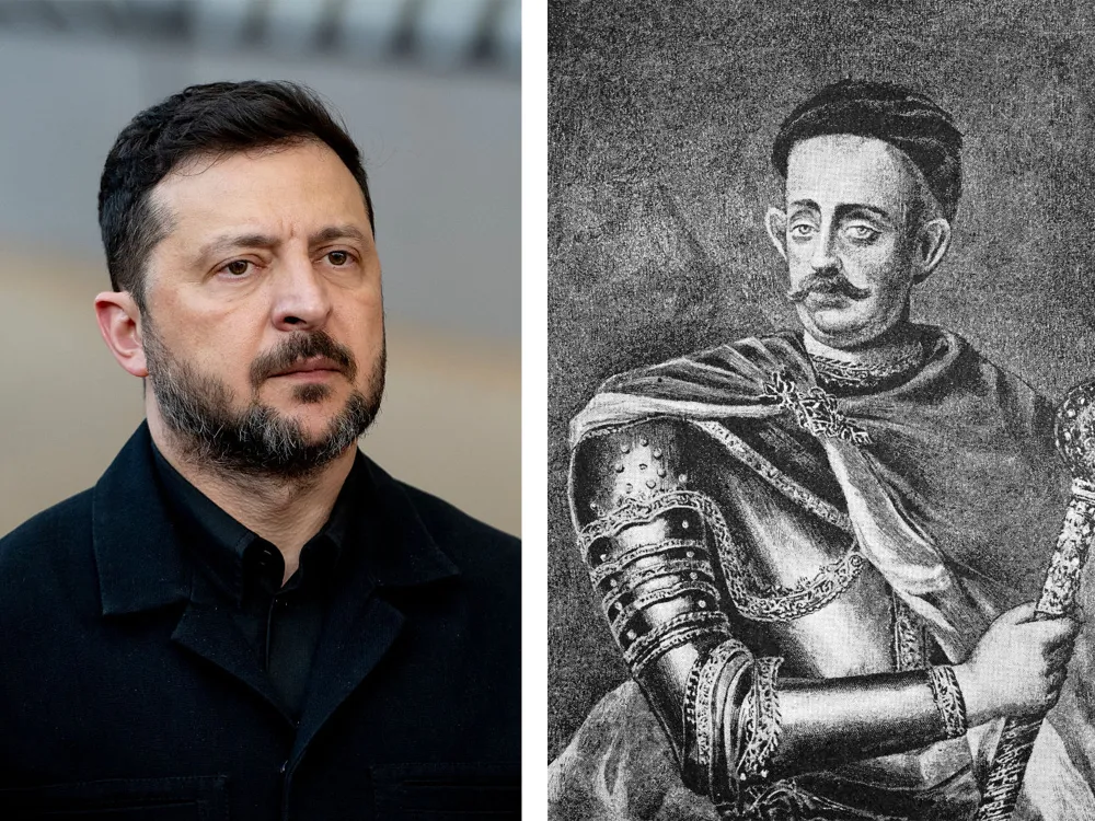 Ukrainian President Volodymyr Zelenskyy (left) proposed replacing a fallen Lenin monument with one honoring Cossack leader Ivan Mazepa (right). Daniel Gnap/NurPhoto via Getty Images (left)/Bildagentur-online/Universal Images Group via Getty Images (right)