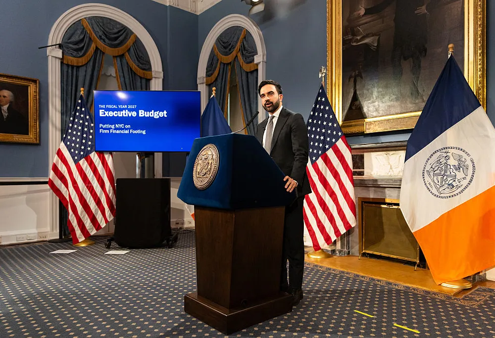 New York City Mayor Zohran Mamdani delivers remarks about the fiscal year 2027 budget in New York City Hall, New York, U.S., May 12, 2026. Photo by Mostafa Bassim/Anadolu via Getty Images
