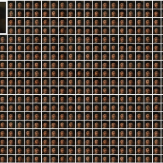 左上は、744人のアーティストによるパブリックドメイン作品で学習したモデルが生成した画像。そのほかは、744人のうち1人ずつを学習データから除外した場合に生成される画像の一例。Photo: Courtesy of Zheng Dai and David K. Gifford
