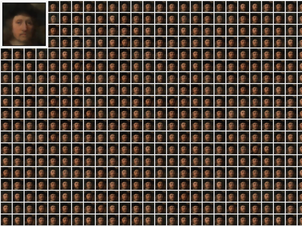 左上は、744人のアーティストによるパブリックドメイン作品で学習したモデルが生成した画像。そのほかは、744人のうち1人ずつを学習データから除外した場合に生成される画像の一例。Photo: Courtesy of Zheng Dai and David K. Gifford