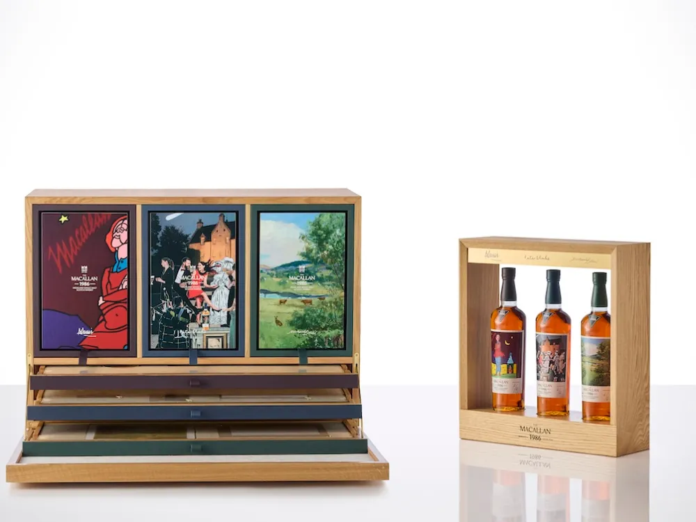 オークションに出品される「ザ・マッカラン ロマンティカ・コレクション（The Macallan’s Romantica Collection）」。サザビーズのために特別に用意された原酒とパッケージが用いられている。Photo: Courtesy of Sotheby's