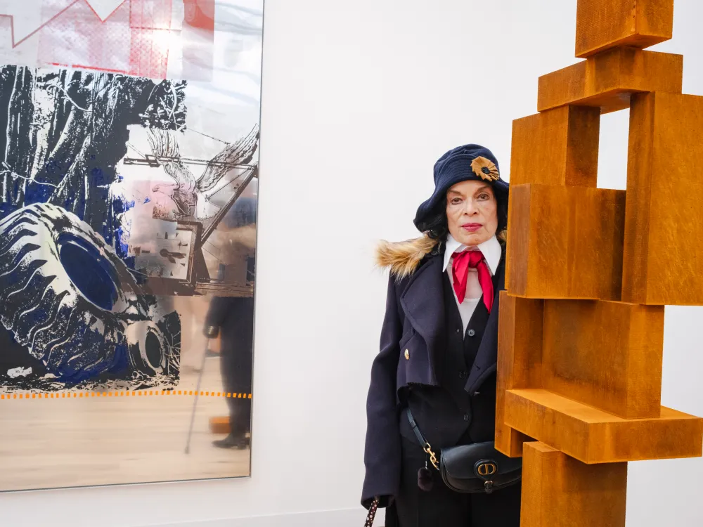 Bianca Jagger wearing John Galliano's Zara collection at Frieze London. Courtesy of Frieze/Linda Nylind